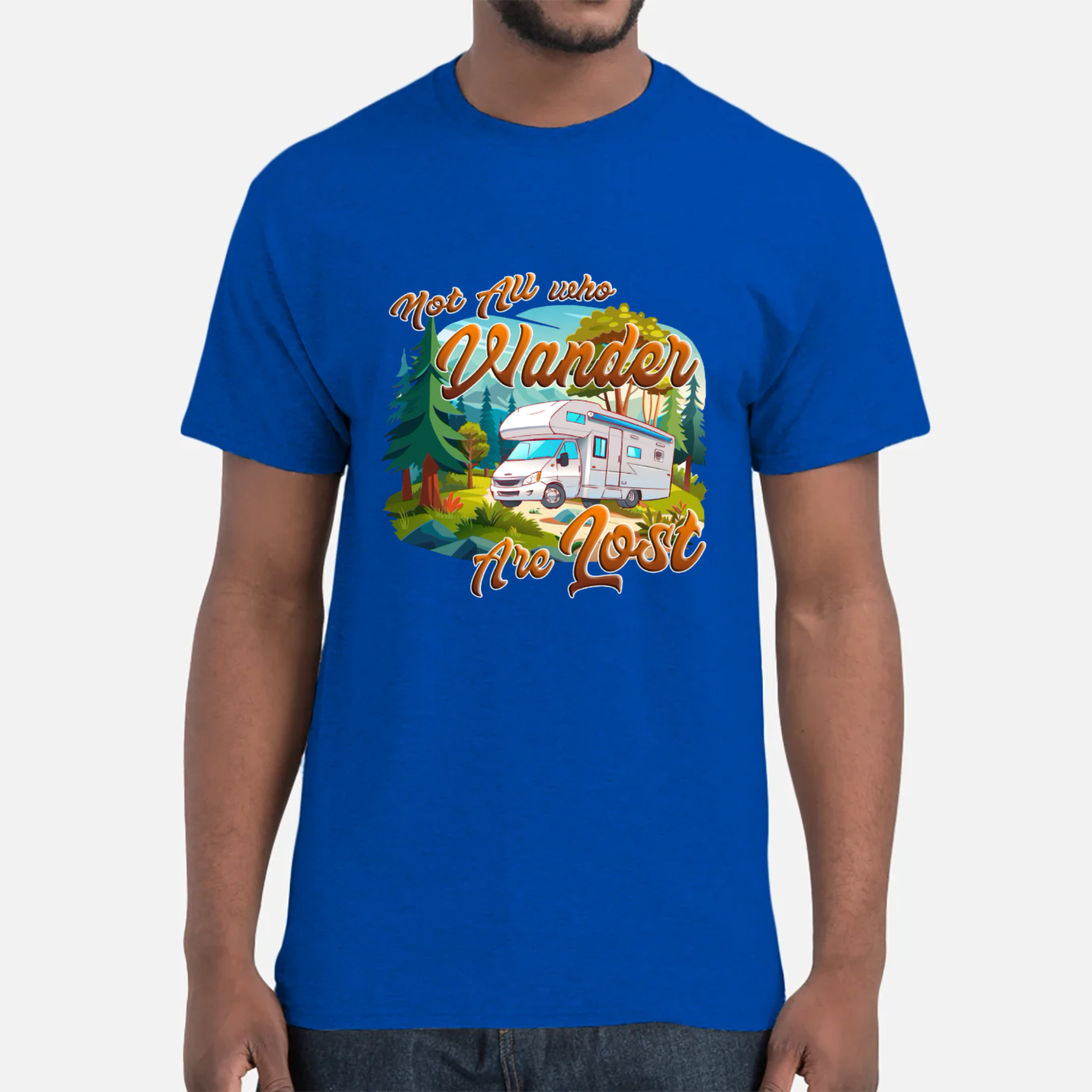 Blue t-shirt with a graphic design of a camper van and trees, featuring text 'Not all who wander are lost' on a white background.
